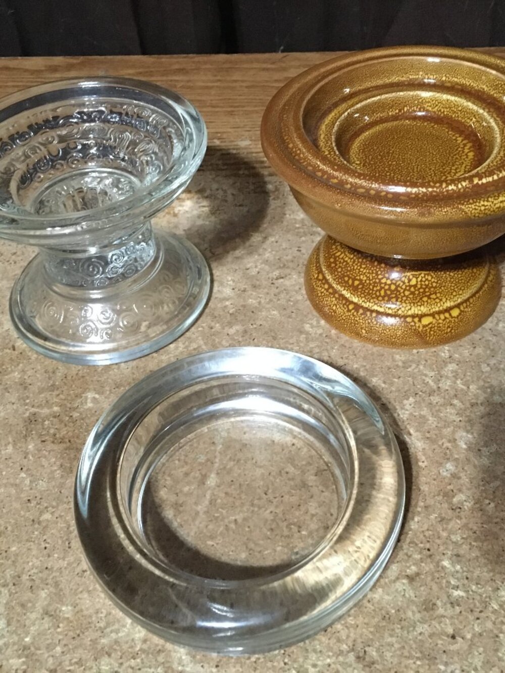 THREE CANDLE HOLDERS FOR LARGE CANDLES TWO GLASS ONE CERAMIC